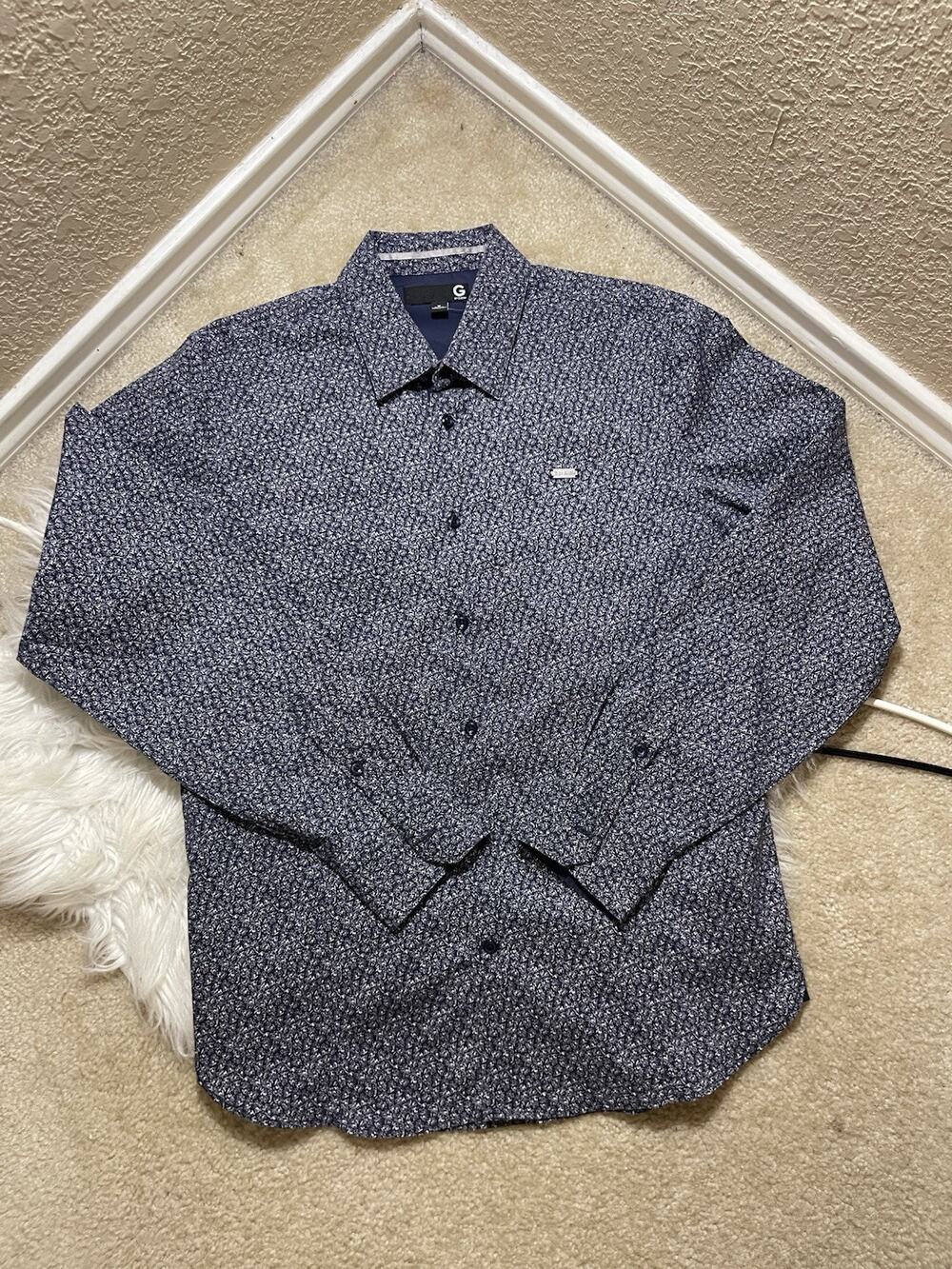 G by GUESS Men's Button Down Shirt M Blue All-Over Graphic Print Long Sleeve